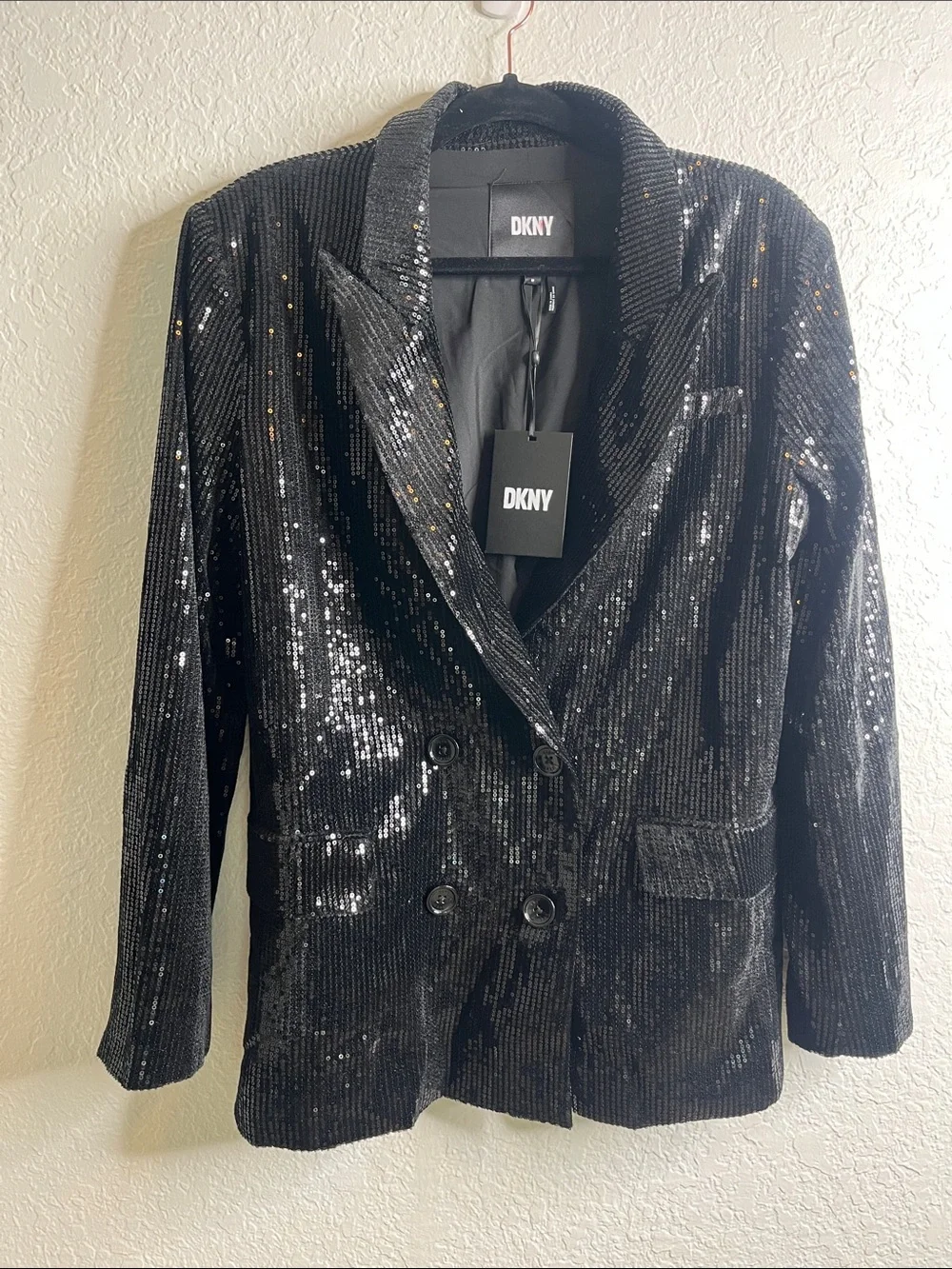 NWT DKNY Double Breasted Sequin Blazer in Black Sz M